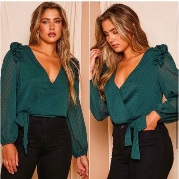 Women’s hunter green Swiss dot surplice holiday wrap blouse top - Picture 5 of 7